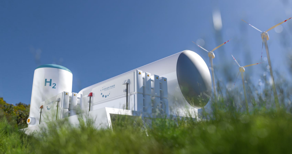 3D modeling of a hydrogen power station surrounded by nature and wind turbines.