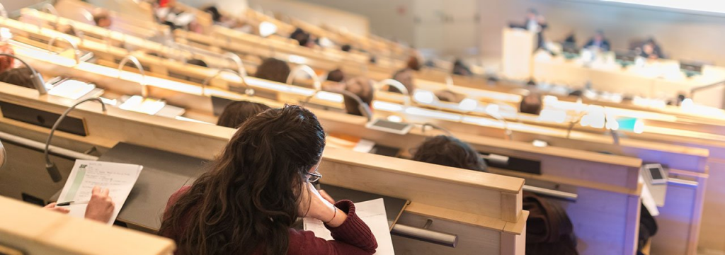 Seats in a university classroom during a lecture