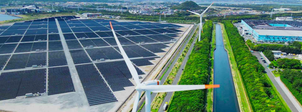 From the air, we see a large wind turbine, solar panels and next to them a large water channel.