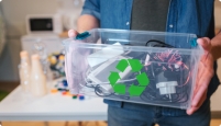 Un hombre sostiene una caja transparente con diferente aparatos electrónicos para reciclar