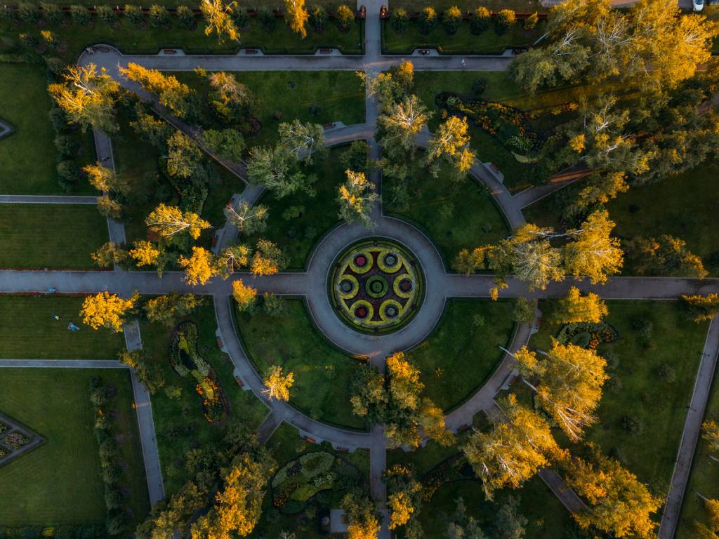 Overhead image of a square in the center of a park with gardens.