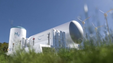 3D modeling of a hydrogen power station surrounded by nature and wind turbines.
