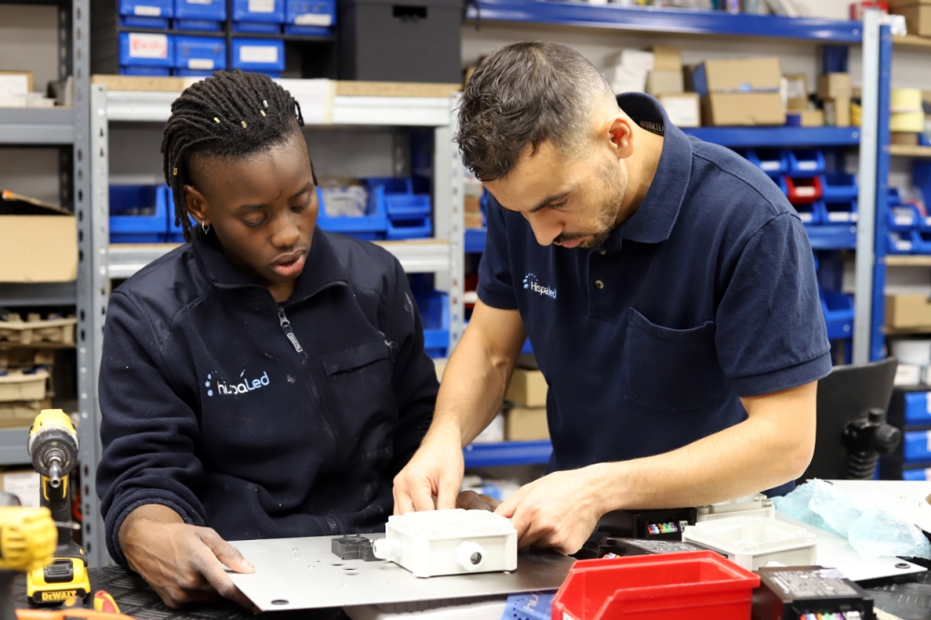 Two workers assembling an LED panel