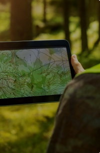 Un hombre sostiene una tablet con un mapa topográfico en un bosque, mientras se realizan tareas de reforestación